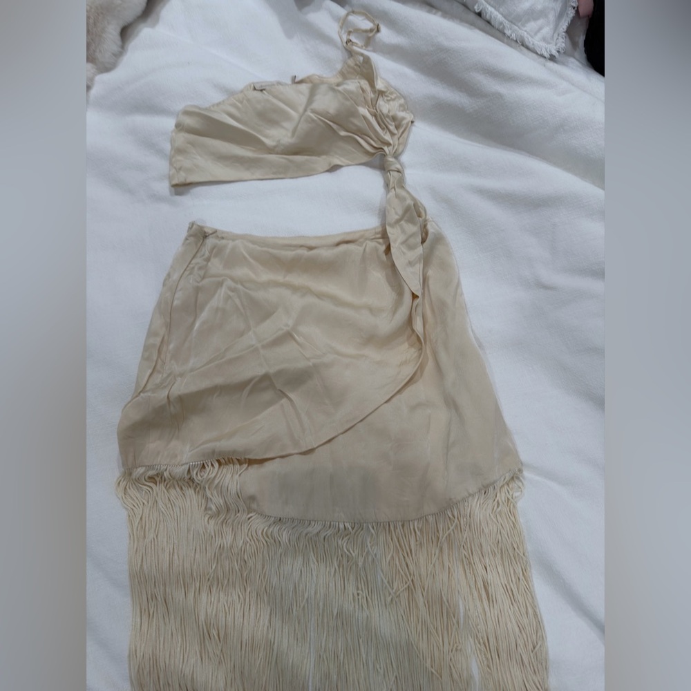 Fringe one shoulder cream Dress with Fringe